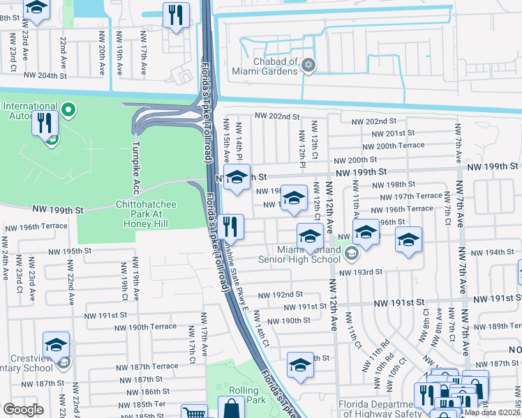map of restaurants, bars, coffee shops, grocery stores, and more near 1440 Northwest 197th Street in Miami