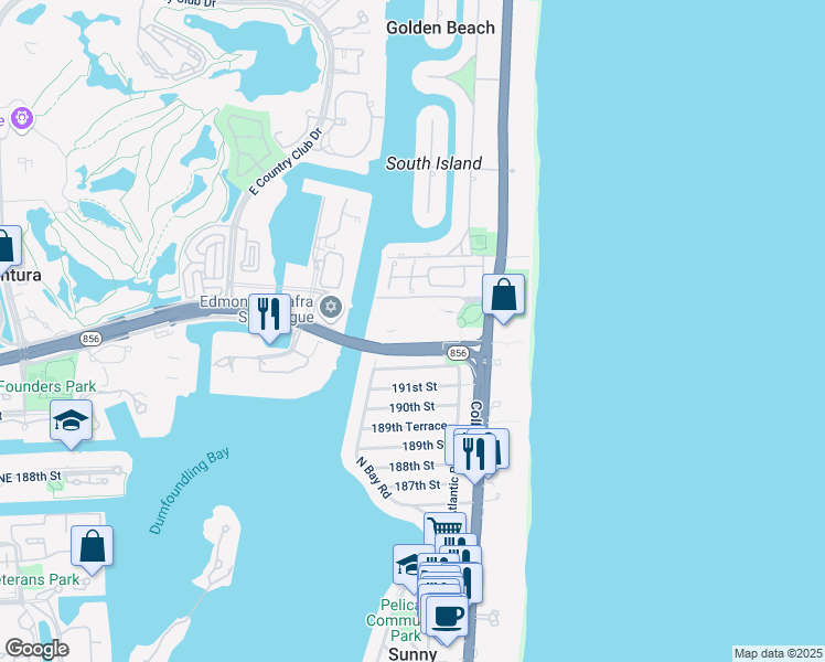 map of restaurants, bars, coffee shops, grocery stores, and more near 19390 Collins Avenue in Sunny Isles Beach