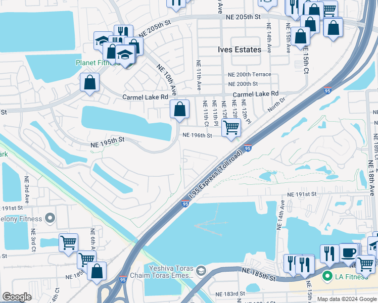 map of restaurants, bars, coffee shops, grocery stores, and more near 19477 Northeast 10th Avenue in Miami