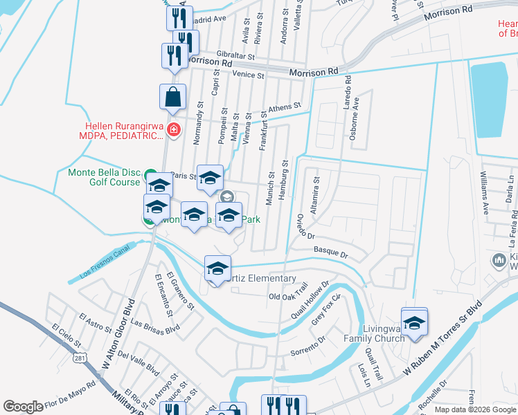 map of restaurants, bars, coffee shops, grocery stores, and more near 2389 Frankfurt Street in Brownsville