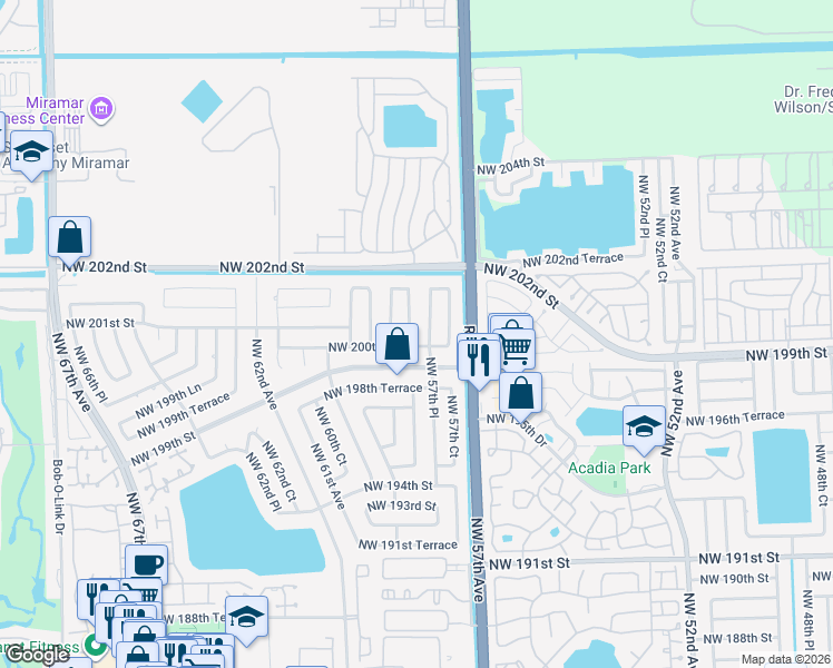 map of restaurants, bars, coffee shops, grocery stores, and more near 20021 Northwest 58th Avenue in Hialeah
