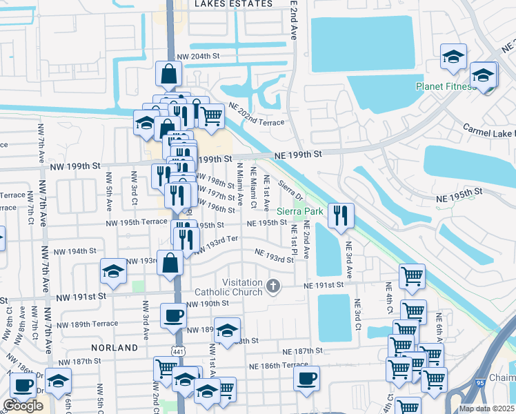 map of restaurants, bars, coffee shops, grocery stores, and more near 19601 Northeast Miami Court in Miami