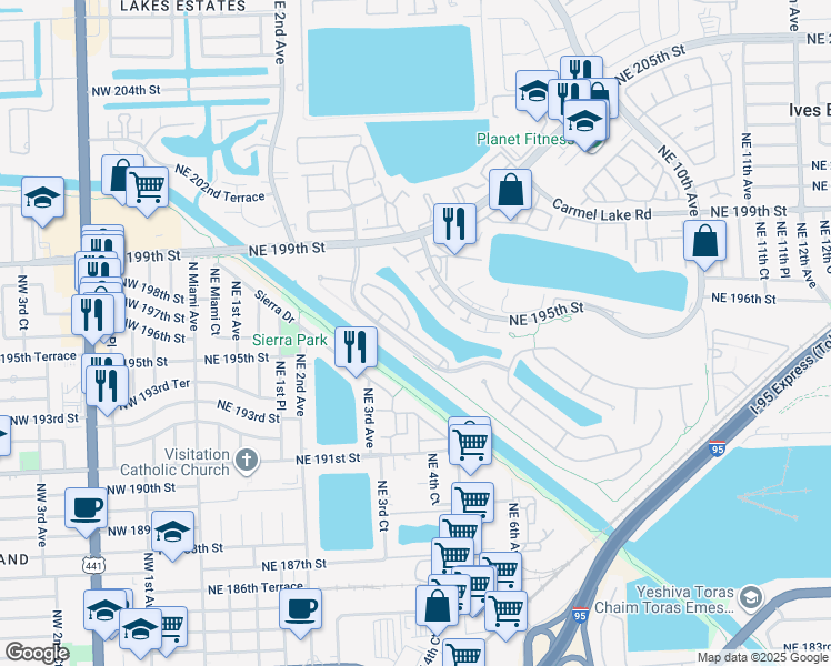 map of restaurants, bars, coffee shops, grocery stores, and more near 429 Northeast 194th Terrace in Miami
