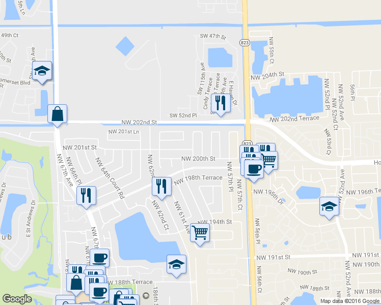map of restaurants, bars, coffee shops, grocery stores, and more near 5910 Northwest 201st Street in Hialeah