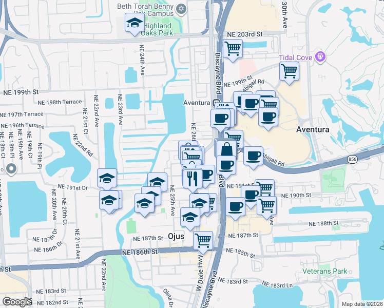 map of restaurants, bars, coffee shops, grocery stores, and more near 19300 Northeast 26th Avenue in Miami