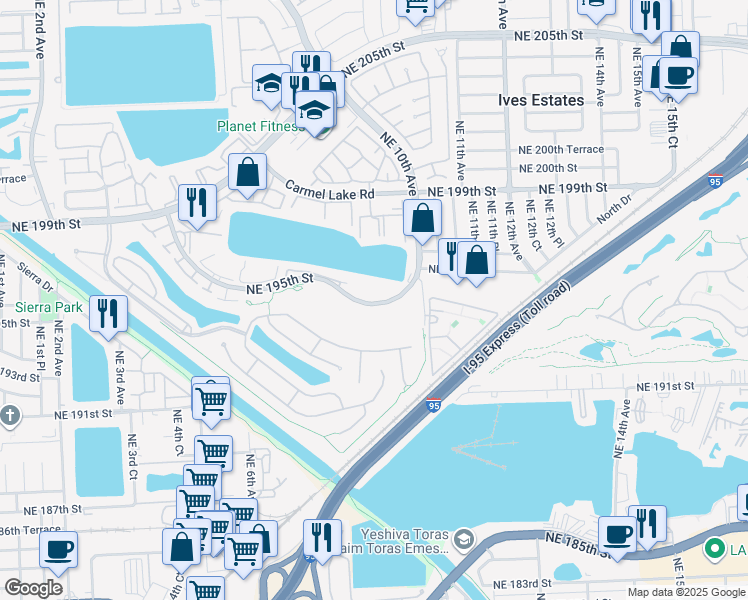 map of restaurants, bars, coffee shops, grocery stores, and more near 875 Northeast 195th Street in North Miami Beach