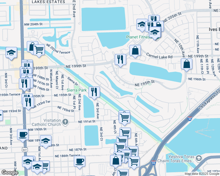 map of restaurants, bars, coffee shops, grocery stores, and more near 429 Northeast 194th Terrace in Miami