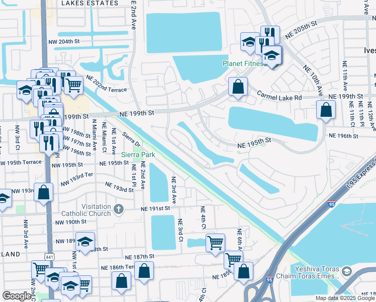 map of restaurants, bars, coffee shops, grocery stores, and more near 429 Northeast 194th Terrace in Miami