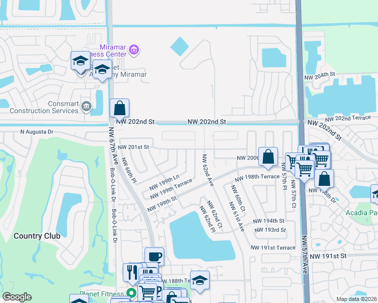 map of restaurants, bars, coffee shops, grocery stores, and more near 20043 NW 62nd Pl in Hialeah