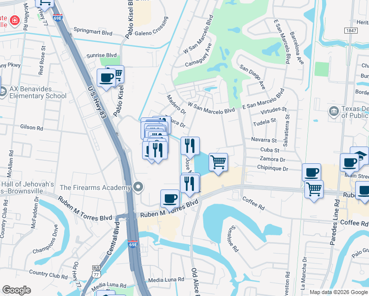 map of restaurants, bars, coffee shops, grocery stores, and more near 441 Jose Marti Boulevard in Brownsville