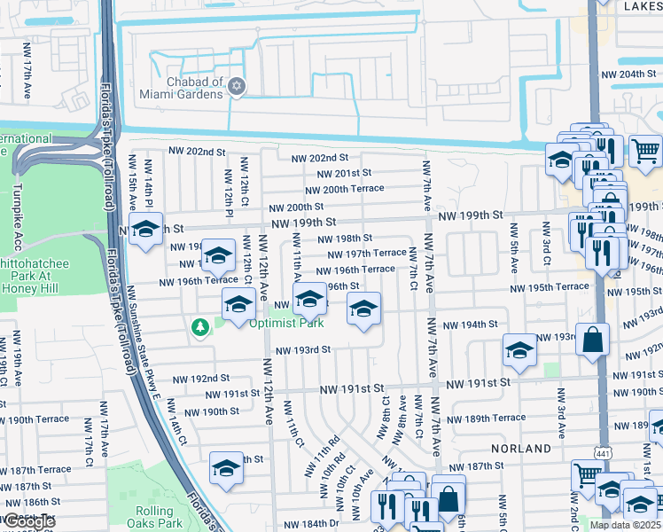 map of restaurants, bars, coffee shops, grocery stores, and more near 1031 Northwest 196th Terrace in Miami