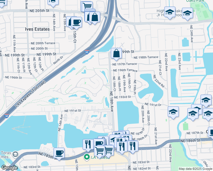 map of restaurants, bars, coffee shops, grocery stores, and more near 19438 Northeast 18th Avenue in Miami