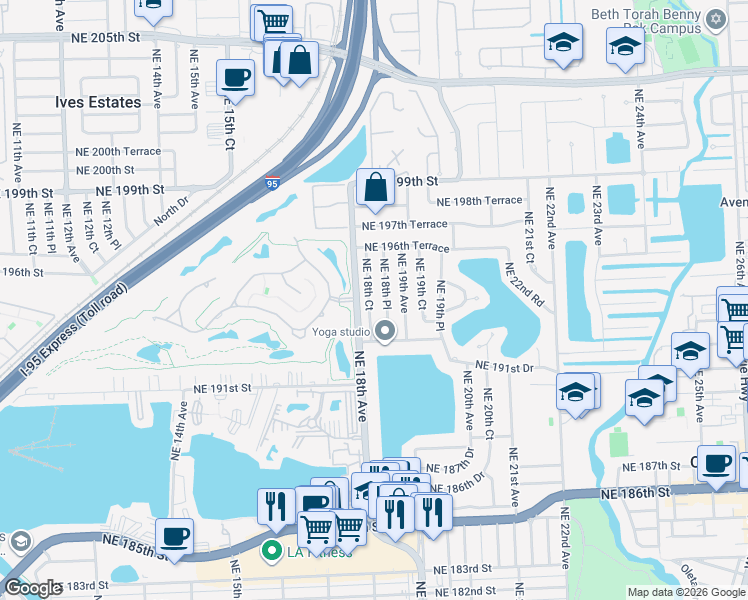 map of restaurants, bars, coffee shops, grocery stores, and more near 19410 Northeast 18th Place in North Miami Beach