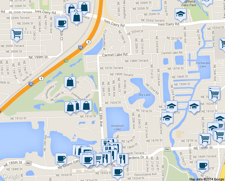 map of restaurants, bars, coffee shops, grocery stores, and more near 19410 Northeast 18th Place in North Miami Beach