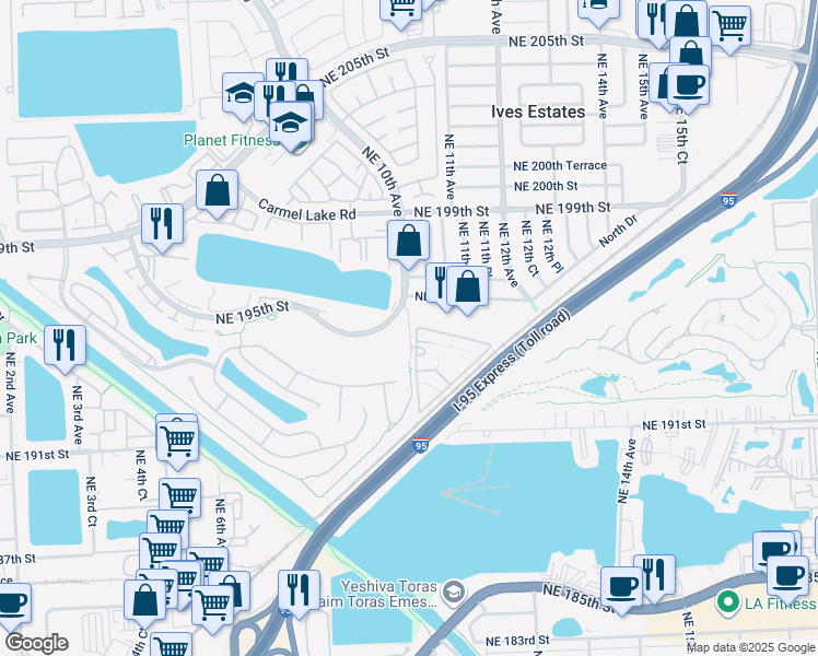 map of restaurants, bars, coffee shops, grocery stores, and more near 900 Northeast 195th Street in Miami