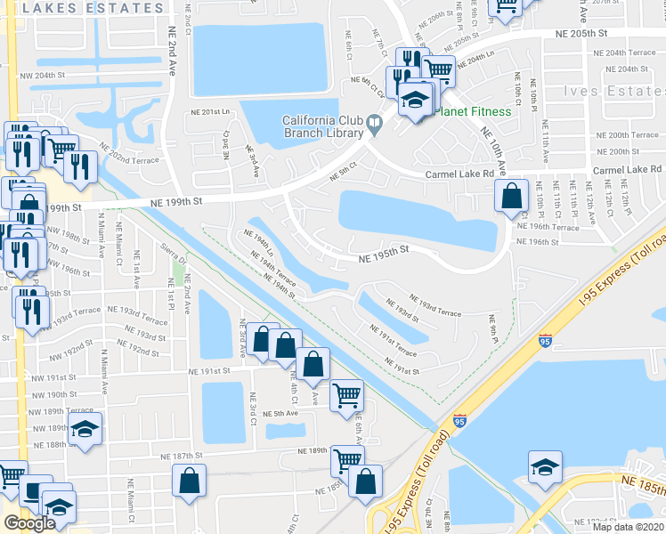 map of restaurants, bars, coffee shops, grocery stores, and more near 658 Northeast 195th Street in Miami