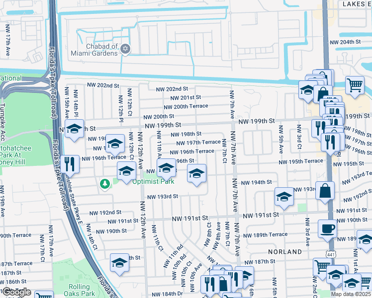 map of restaurants, bars, coffee shops, grocery stores, and more near 1031 Northwest 196th Terrace in Miami