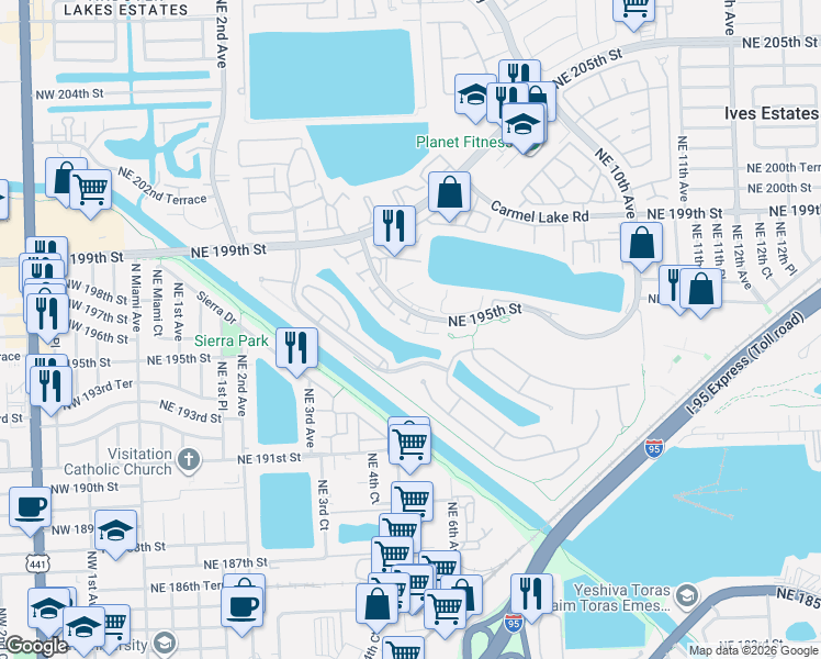 map of restaurants, bars, coffee shops, grocery stores, and more near 610 Northeast 195th Street in North Miami Beach
