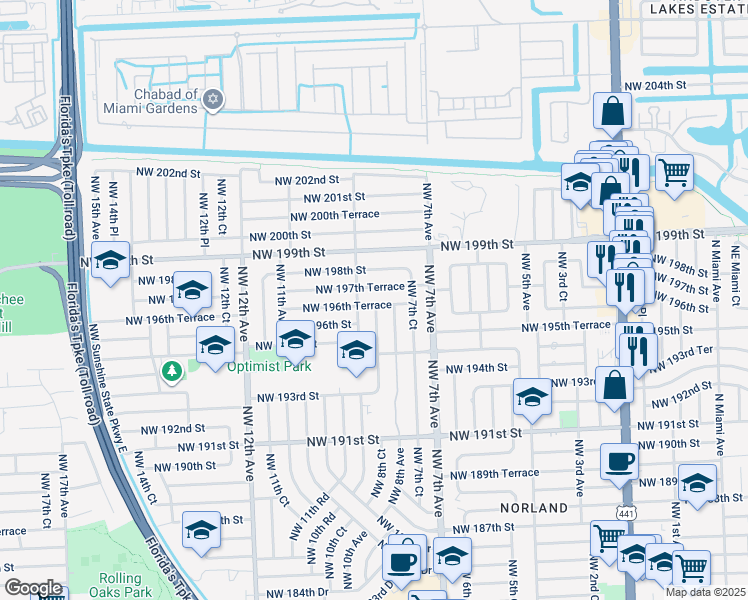 map of restaurants, bars, coffee shops, grocery stores, and more near 19620 Northwest 8th Avenue in Miami