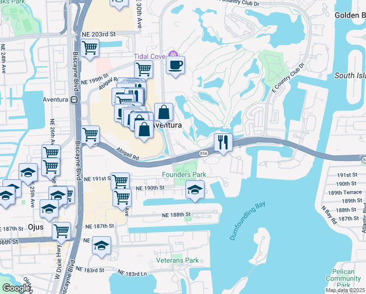 map of restaurants, bars, coffee shops, grocery stores, and more near 19287 West Country Club Drive in Aventura