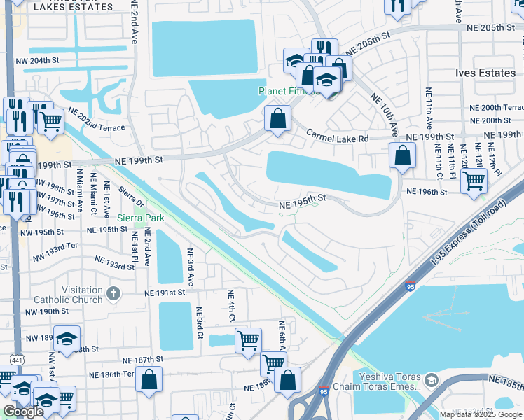 map of restaurants, bars, coffee shops, grocery stores, and more near 636 Northeast 195th Street in Miami