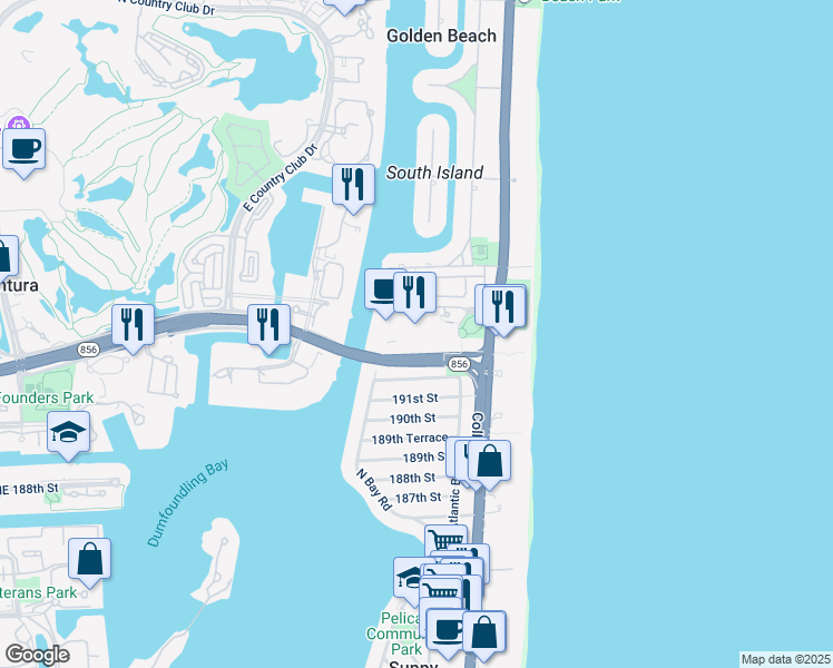 map of restaurants, bars, coffee shops, grocery stores, and more near 19390 Collins Avenue in Sunny Isles Beach