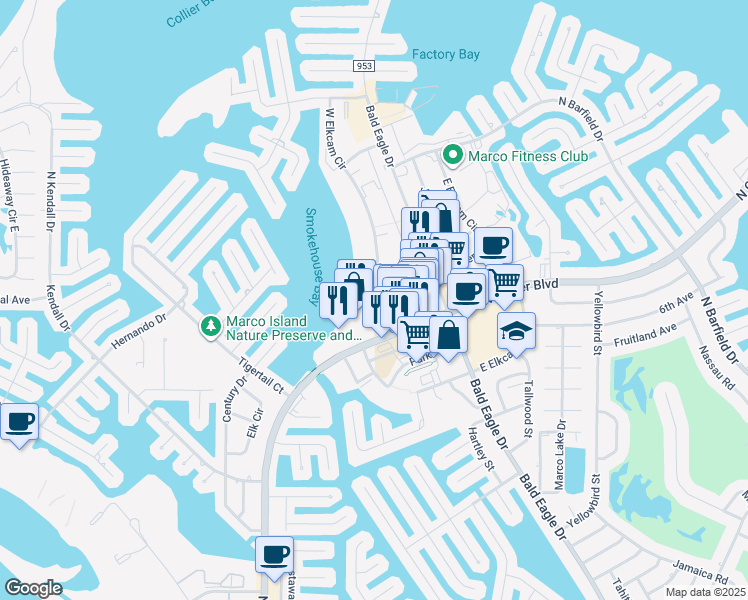 map of restaurants, bars, coffee shops, grocery stores, and more near 645 West Elkcam Circle in Marco Island