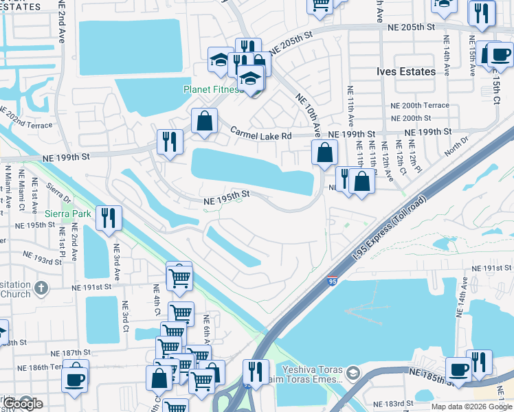 map of restaurants, bars, coffee shops, grocery stores, and more near 750 Northeast 195th Street in North Miami Beach