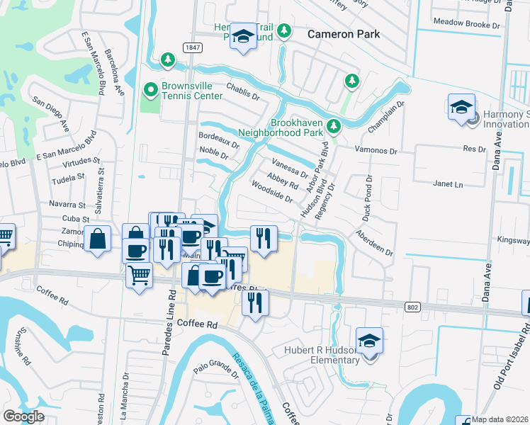 map of restaurants, bars, coffee shops, grocery stores, and more near 2417 Salerno Drive in Brownsville