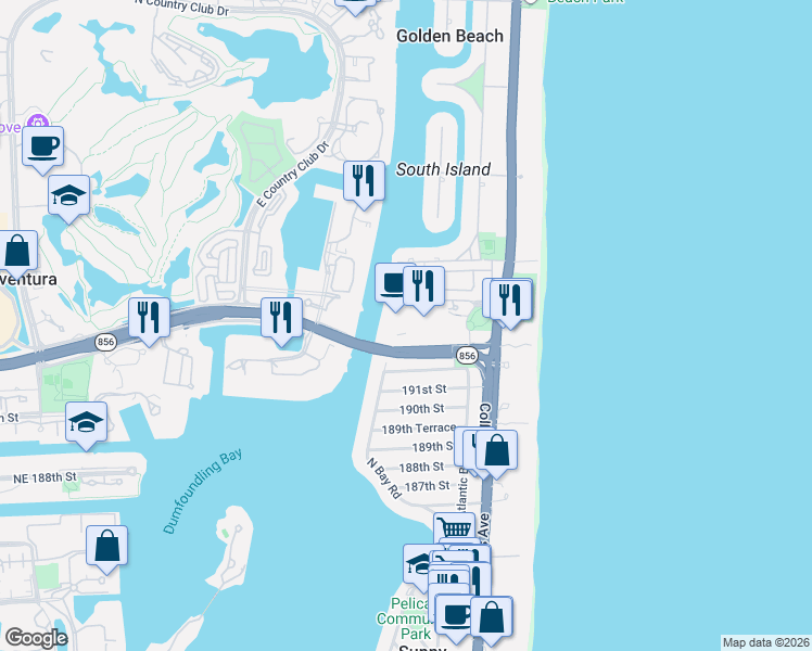map of restaurants, bars, coffee shops, grocery stores, and more near 19390 Collins Avenue in Sunny Isles Beach