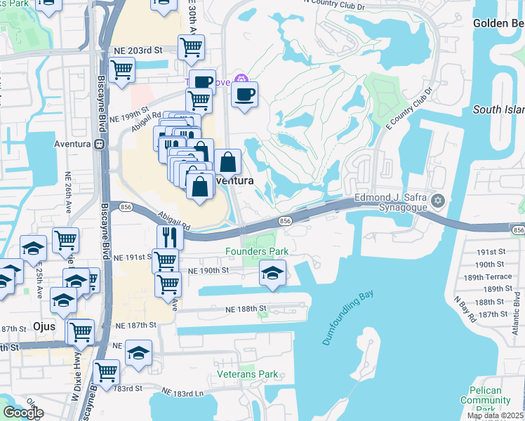 map of restaurants, bars, coffee shops, grocery stores, and more near 19287 West Country Club Drive in Aventura