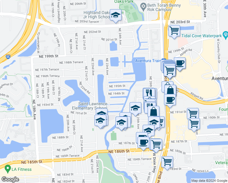 map of restaurants, bars, coffee shops, grocery stores, and more near 2340 Northeast 194th Street in Miami