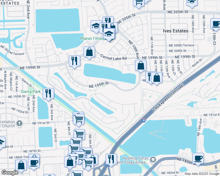 map of restaurants, bars, coffee shops, grocery stores, and more near 649 Northeast 193rd Terrace in Miami