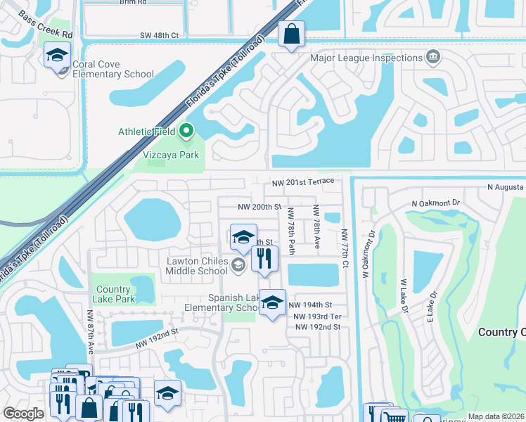 map of restaurants, bars, coffee shops, grocery stores, and more near 8017 Northwest 199th Terrace in Hialeah