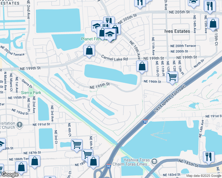 map of restaurants, bars, coffee shops, grocery stores, and more near 649 Northeast 193rd Terrace in Miami
