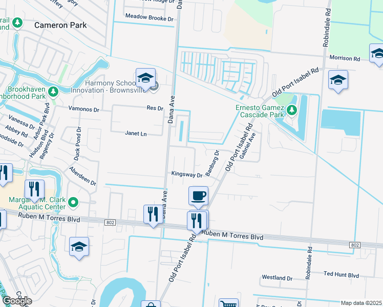 map of restaurants, bars, coffee shops, grocery stores, and more near 3512 Queensway Drive in Brownsville