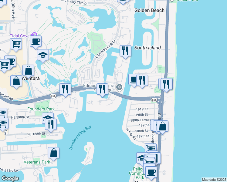 map of restaurants, bars, coffee shops, grocery stores, and more near 19275 Turnberry Way in Aventura