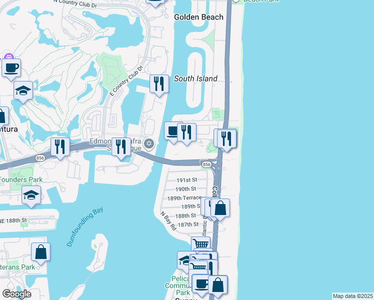 map of restaurants, bars, coffee shops, grocery stores, and more near 19390 Collins Avenue in Sunny Isles Beach