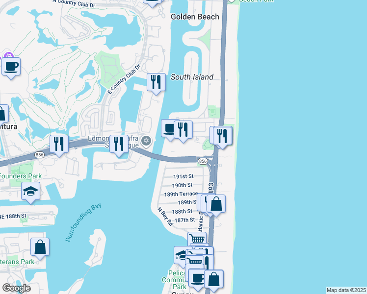 map of restaurants, bars, coffee shops, grocery stores, and more near 19390 Collins Avenue in Sunny Isles Beach