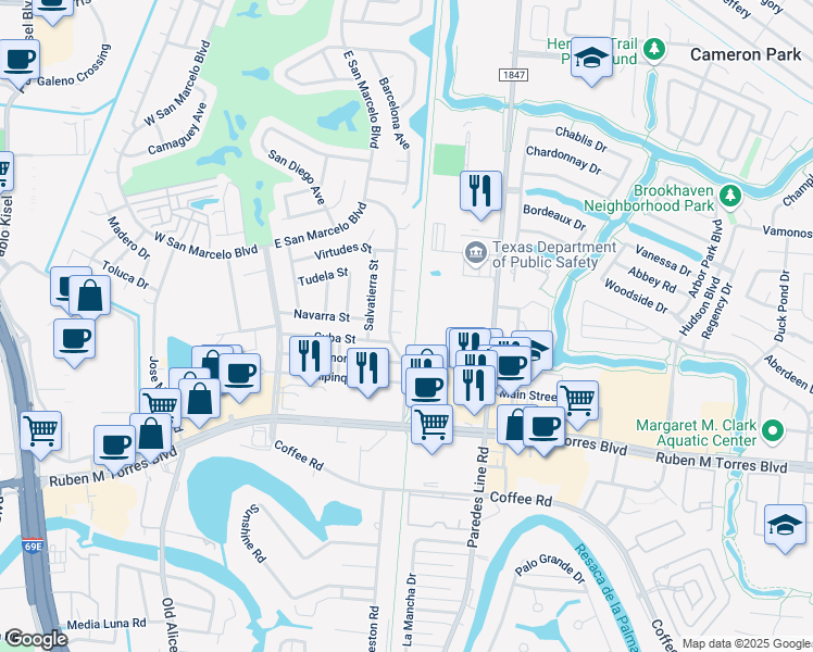 map of restaurants, bars, coffee shops, grocery stores, and more near Brownsville Historic Battlefield Hike and Bike Trail in Brownsville