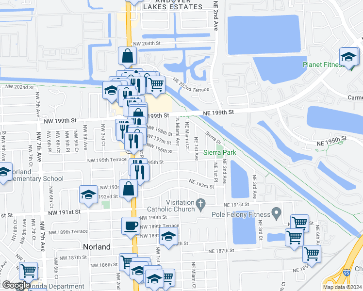 map of restaurants, bars, coffee shops, grocery stores, and more near 19625 N Miami Ave in Miami
