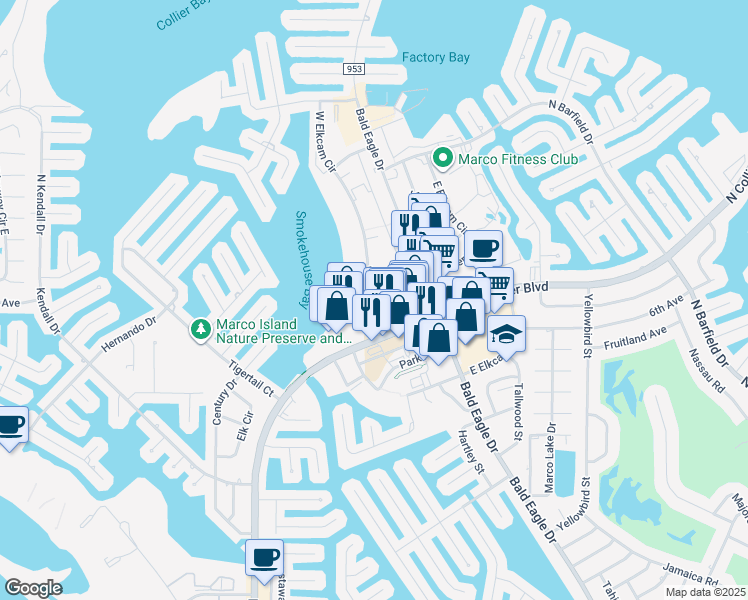 map of restaurants, bars, coffee shops, grocery stores, and more near 645 West Elkcam Circle in Marco Island