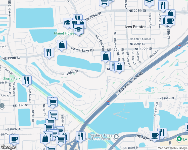 map of restaurants, bars, coffee shops, grocery stores, and more near 875 Northeast 195th Street in North Miami Beach