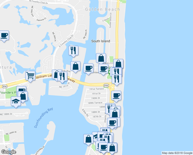 map of restaurants, bars, coffee shops, grocery stores, and more near in Sunny Isles Beach