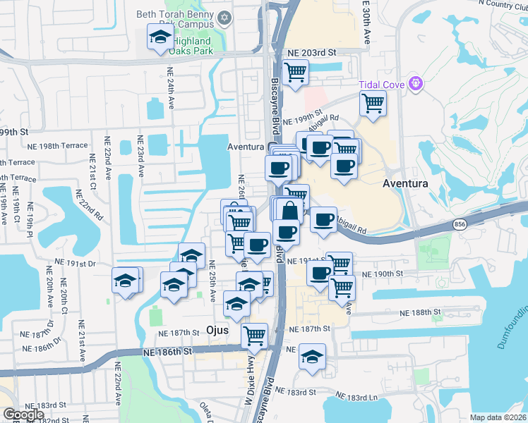 map of restaurants, bars, coffee shops, grocery stores, and more near 19301 S Dixie Hwy in Ojus