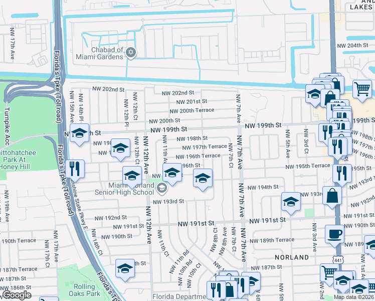 map of restaurants, bars, coffee shops, grocery stores, and more near 1031 Northwest 196th Terrace in Miami