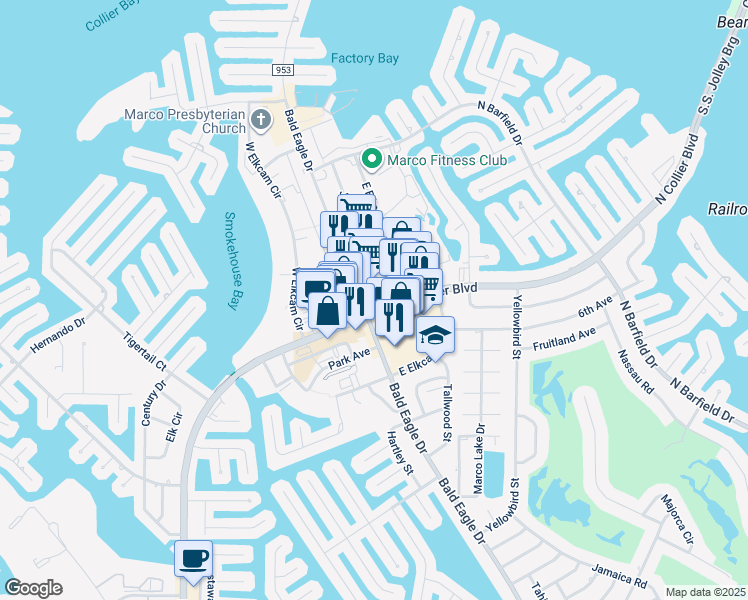 map of restaurants, bars, coffee shops, grocery stores, and more near 953 North Collier Boulevard in Marco Island