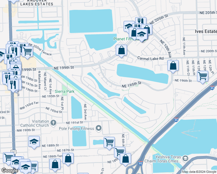 map of restaurants, bars, coffee shops, grocery stores, and more near 606 Northeast 195th Street in Miami