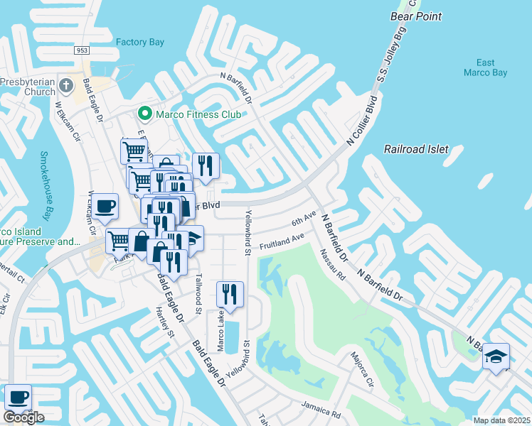 map of restaurants, bars, coffee shops, grocery stores, and more near 1224 Bluebird Avenue in Marco Island