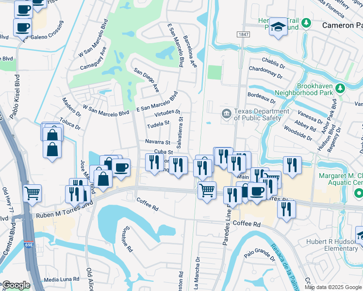map of restaurants, bars, coffee shops, grocery stores, and more near 524 Salvatierra Street in Brownsville